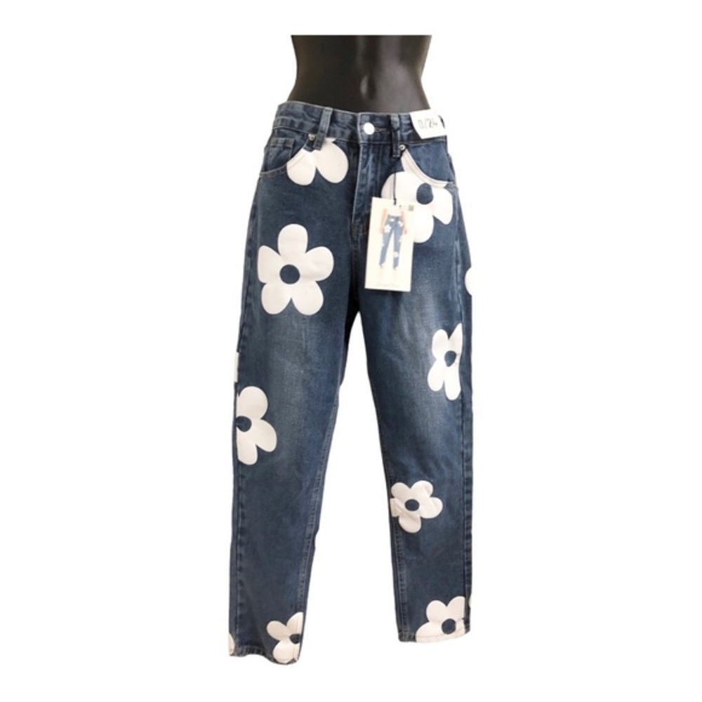 White faux leather daisy flower patchwork high waist hi rise jeans size 0/24 new